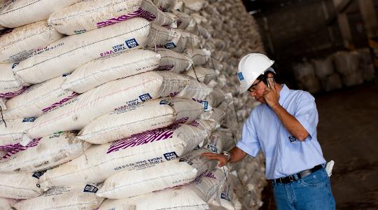 Operário supervisionando estoque de fertilizantes